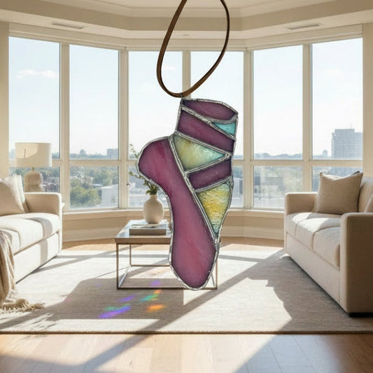 Stained glass ballet flat pendant with pink and cream colours. Odawa Studios