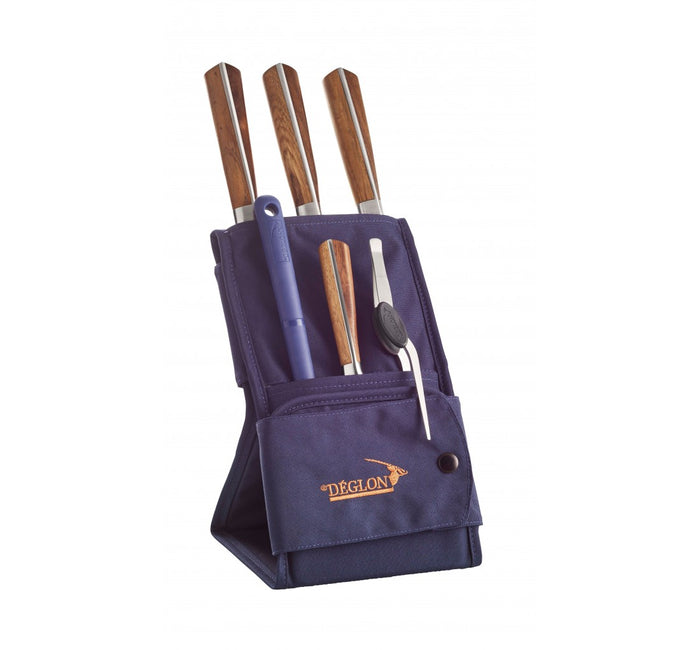 Z545 standup quiver in purple shown with six knives stored withing its various pouches shot on white silo background.