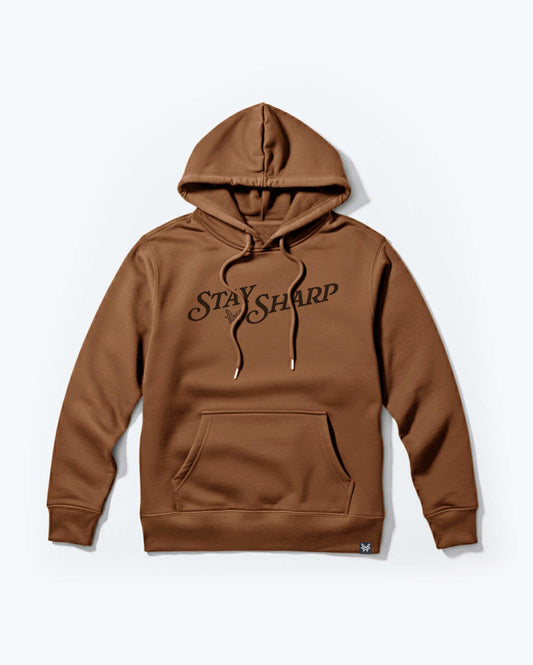 Saddle Brown Stay Sharp Hoodie - Front View with Script Chest Logo | Benchmade Knife Co.