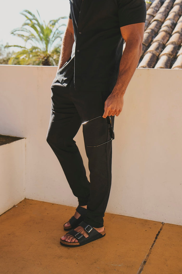 Stretch Linen Blend Single Pleated Pants in Black - TAILORED ATHLETE - USA