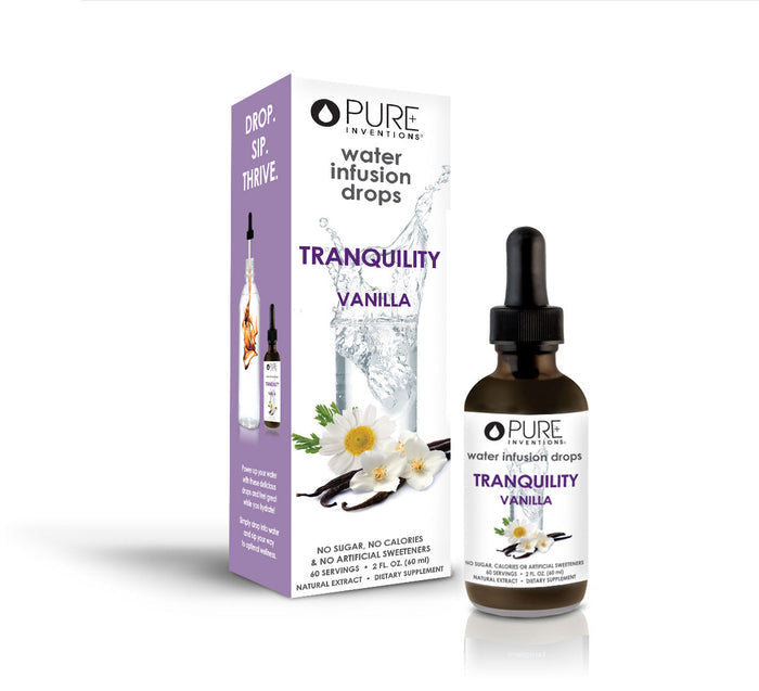 Tranquility Vanilla Water Infusion Drops | Pure Inventions bottle and box with vanilla pods and white flowers, promoting hydration and wellness with natural skincare infusion.
