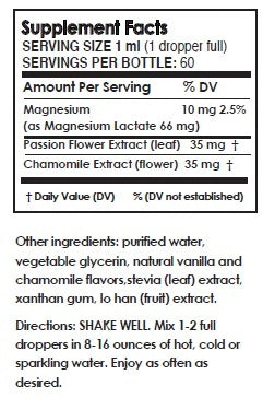 Supplement facts for Tranquility Vanilla Water Infusion Drops | Pure Inventions showing ingredients like magnesium, passion flower extract, and chamomile extract with usage directions and additional natural ingredients for wellness.