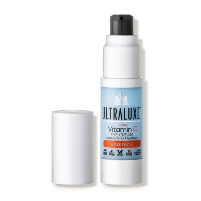 Ultra Vitamin C Eye Cream | Ultraluxe Skincare in a white and blue pump bottle with the cap removed, designed for skincare to lighten, firm, and hydrate the delicate eye area.