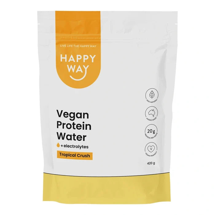 Happy Way Vegan Protein Water package with yellow and white design