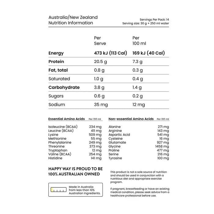 Nutrition information label for a product with detailed nutritional facts and ingredient information.