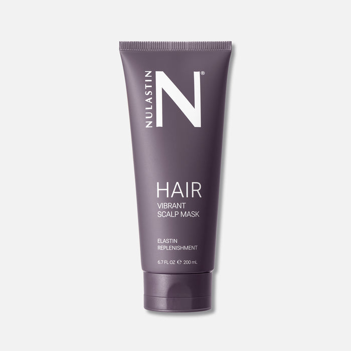Front view of Vibrant Scalp Mask tube, 6.7 fl oz 200 ml, purple packaging on light gray background