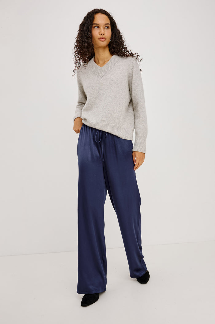 Virgo Pant in Satin-Back Crepe With Srtaight Legs, Drawstring Waist, and Side-Seam Pockets in Navy Colorway - Full Body Front View Featured on Model