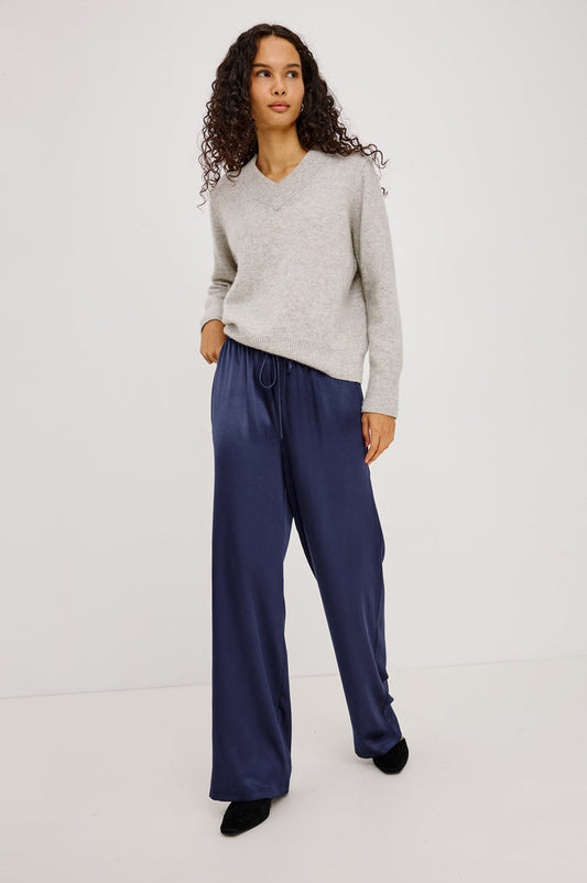 Virgo Pant in Satin-Back Crepe With Srtaight Legs, Drawstring Waist, and Side-Seam Pockets in Navy Colorway - Full Body Front View Featured on Model