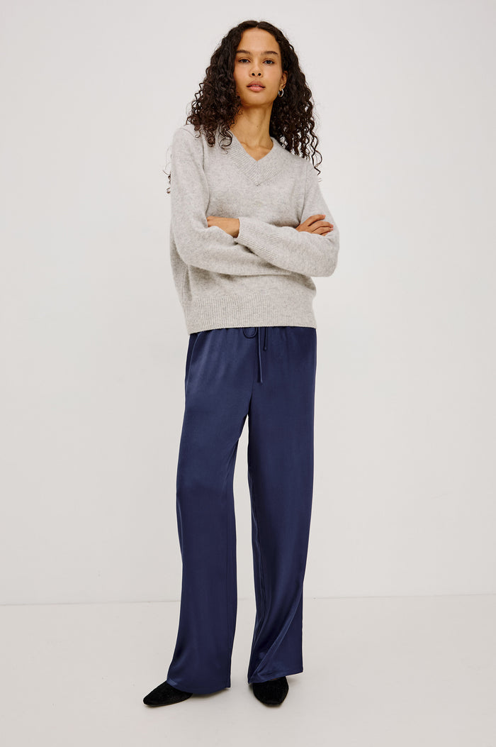 Virgo Pant in Satin-Back Crepe With Srtaight Legs, Drawstring Waist, and Side-Seam Pockets in Navy Colorway - Full Body Front View Featured on Model