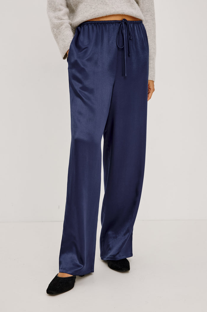 Virgo Pant in Satin-Back Crepe With Srtaight Legs, Drawstring Waist, and Side-Seam Pockets in Navy Colorway - Lower Body Front View Featured on Model