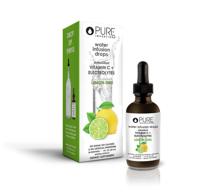 Vitamin C + Electrolytes Lemon-Lime Water Infusion Drops - 30 servings | Pure Inventions featuring antioxidant support and hydration with lemon and lime flavor in a wellness supplement.