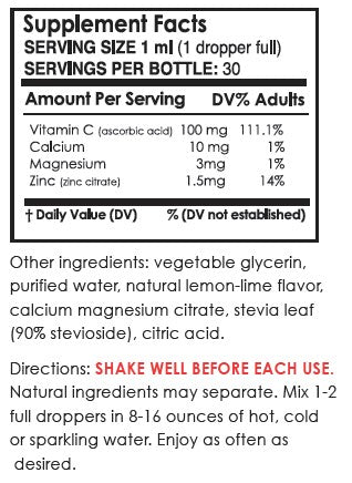 Supplement facts label for Vitamin C + Electrolytes Lemon-Lime Water Infusion Drops - 30 servings | Pure Inventions showing vitamin C, calcium, magnesium, zinc content, additional natural ingredients, and usage directions to shake well and mix with water.