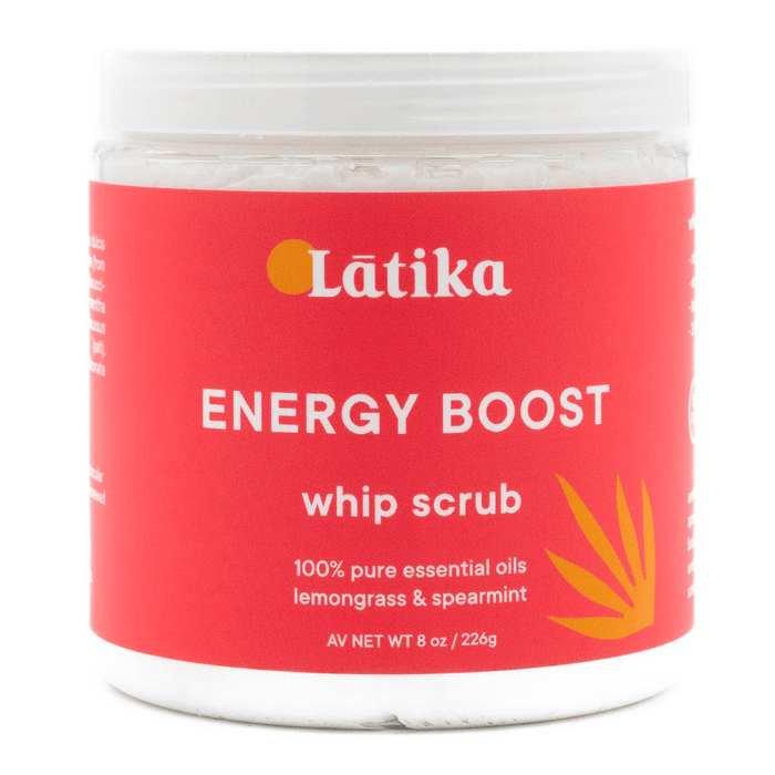 Jar of Whip Scrub | Latika with a red label displaying Energy Boost, made with 100% pure essential oils of lemongrass and spearmint for skincare and body care.