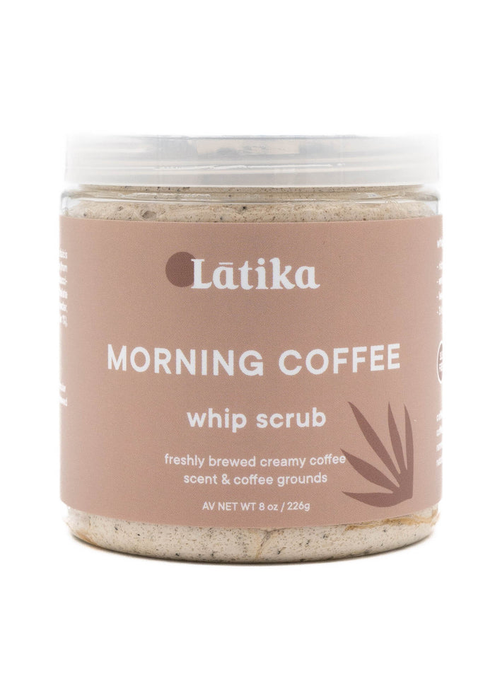 Clear jar of Whip Scrub | Latika with a beige label reading "Morning Coffee whip scrub" featuring freshly brewed creamy coffee scent and coffee grounds for skincare and body care.