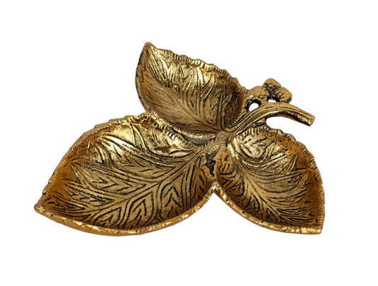 White Whale Aluminum Floral Leaf Pattern Dry Fruit Tray (Golden, 15 x 15 x 4 cm)