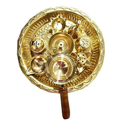 White Whale Gold Plated Brass Kuber Pooja Thali Set of 9 Pcs, Occasional Gift, Decorative Pooja Thali for Festival and Diwali Gift, Diwali Pooja Thali