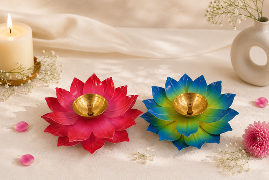 White Whale Lotus Kuber Diya Puja Oil Lamp Brass Akhand Diya Jyot Deepak Home Temple Puja Articles Decor (Set of 2)