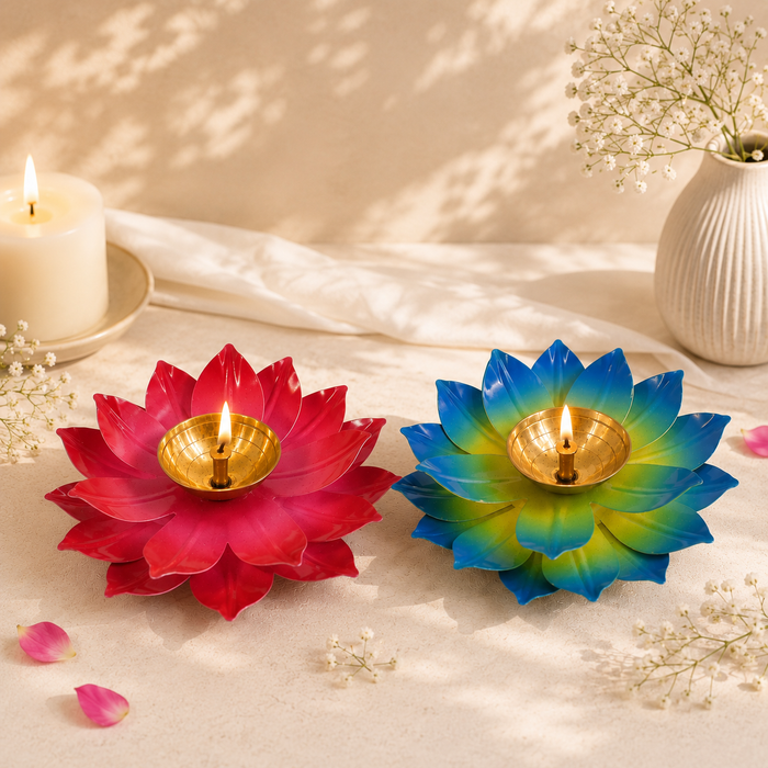 White Whale Lotus Kuber Diya Puja Oil Lamp Brass Akhand Diya Jyot Deepak Home Temple Puja Articles Decor (Set of 2)