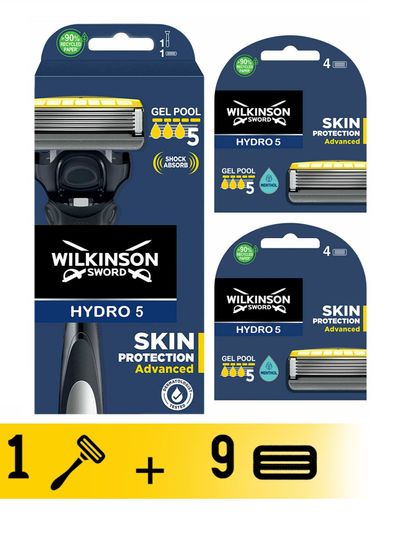 Wilkinson Sword Hydro 5 Skin Protection Advanced Men's Shaving Razor With Gel Pool And 9 Blades