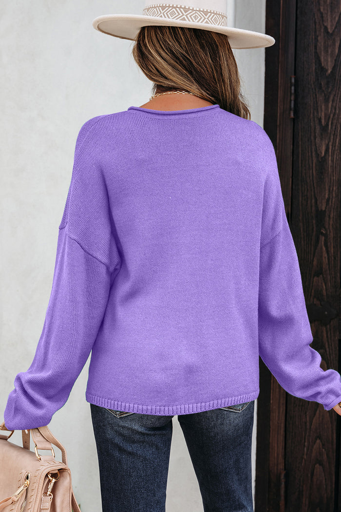 Wisteria Solid Color Knit Button Drop Shoulder Sweater Cardigan