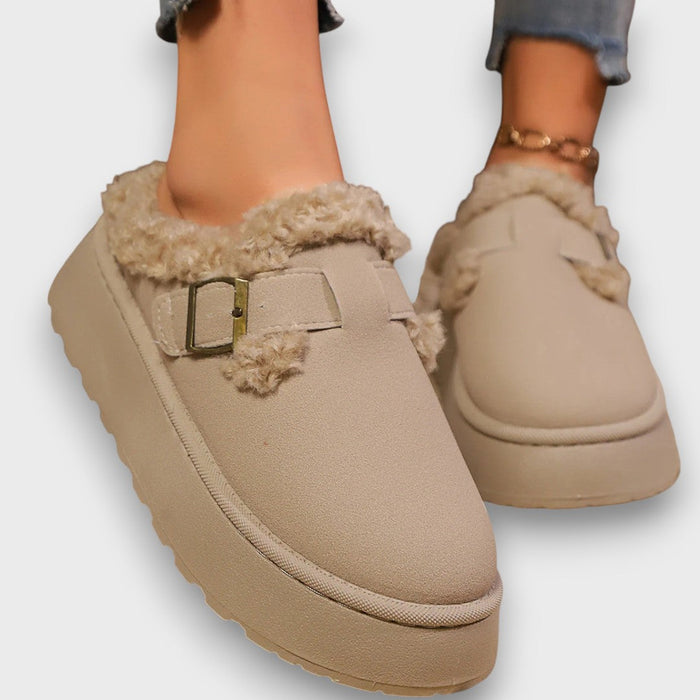 Women's Fleece-Lined Platform Buckle Mules