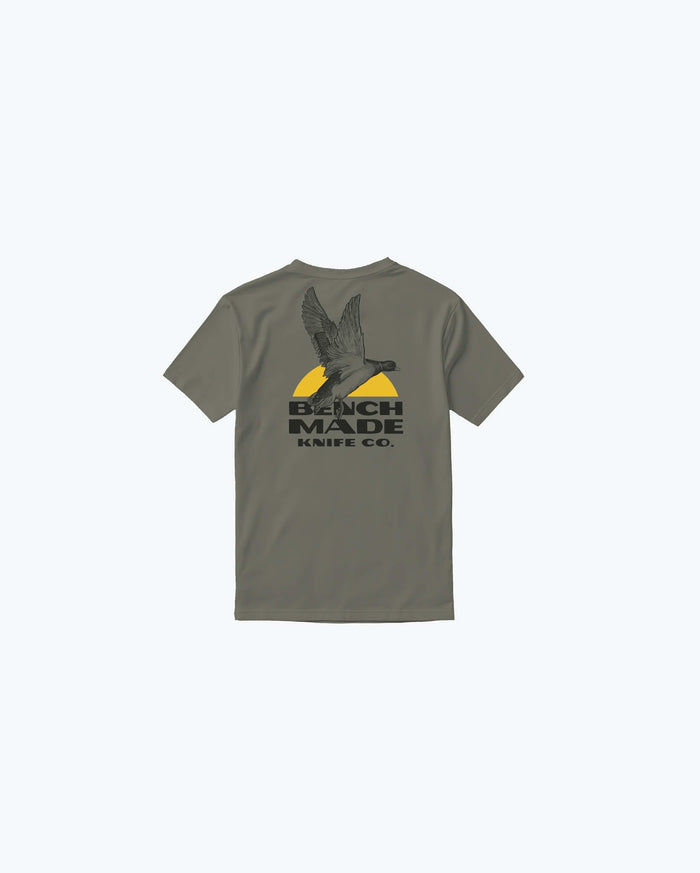 Olive Womens Mallard SS Tee - Back view with mallard duck graphic | Benchmade Knife Co.