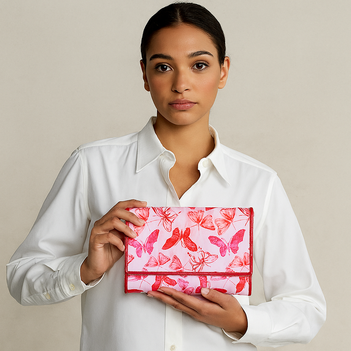 Women's butterfly trifold travel wallet for daily use and trips-model image