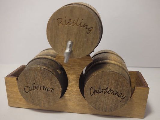 Wooden Barrel Display Stand - Medium - Riesling, Cabernet, and Chardonnay Barrels on Wooden Holder