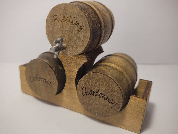 Wooden Barrel Display Stand - Medium - Riesling, Cabernet, and Chardonnay Barrels on Wooden Holder