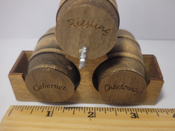 Wooden Barrel Display Stand - Medium - Riesling, Cabernet, and Chardonnay Barrels on Wooden Holder