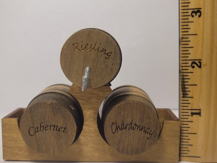 Wooden Barrel Display Stand - Medium - Riesling, Cabernet, and Chardonnay Barrels on Wooden Holder