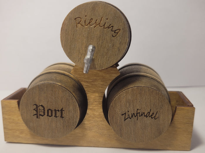 Wooden Barrel Display Stand - Medium - Riesling, Port, and Zinfandel Barrels on Wooden Holder