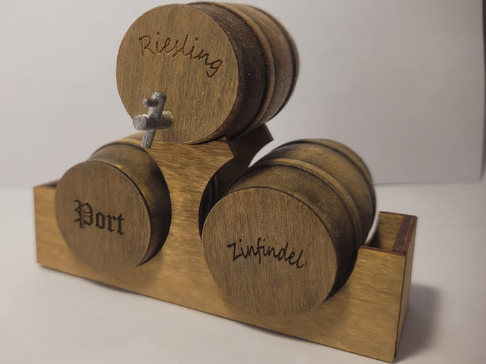 Wooden Barrel Display Stand - Medium - Riesling, Port, and Zinfandel Barrels on Wooden Holder