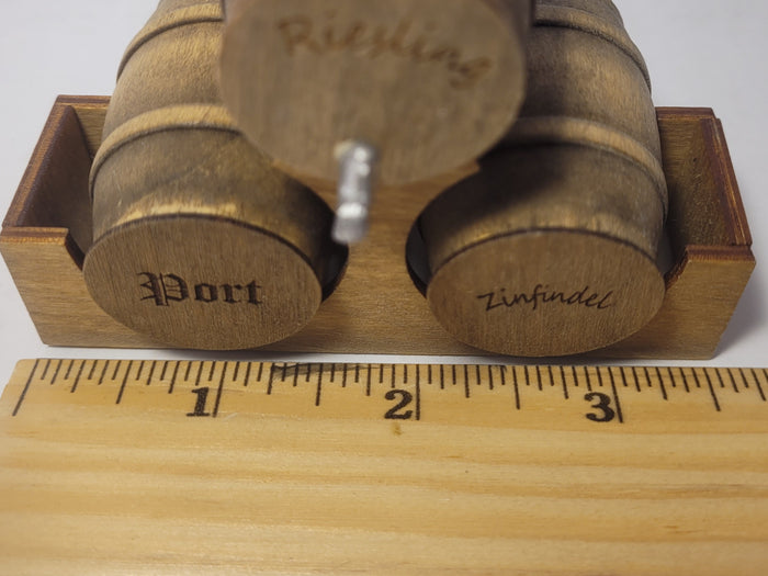 Wooden Barrel Display Stand - Medium - Riesling, Port, and Zinfandel Barrels on Wooden Holder