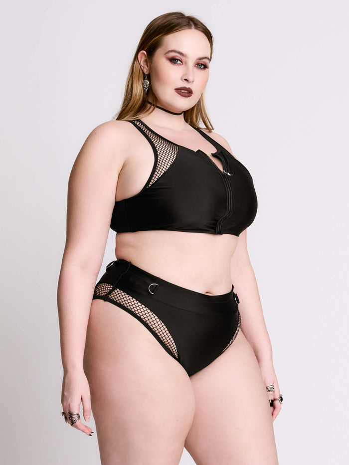 Zip Up Fishnet Swim Top